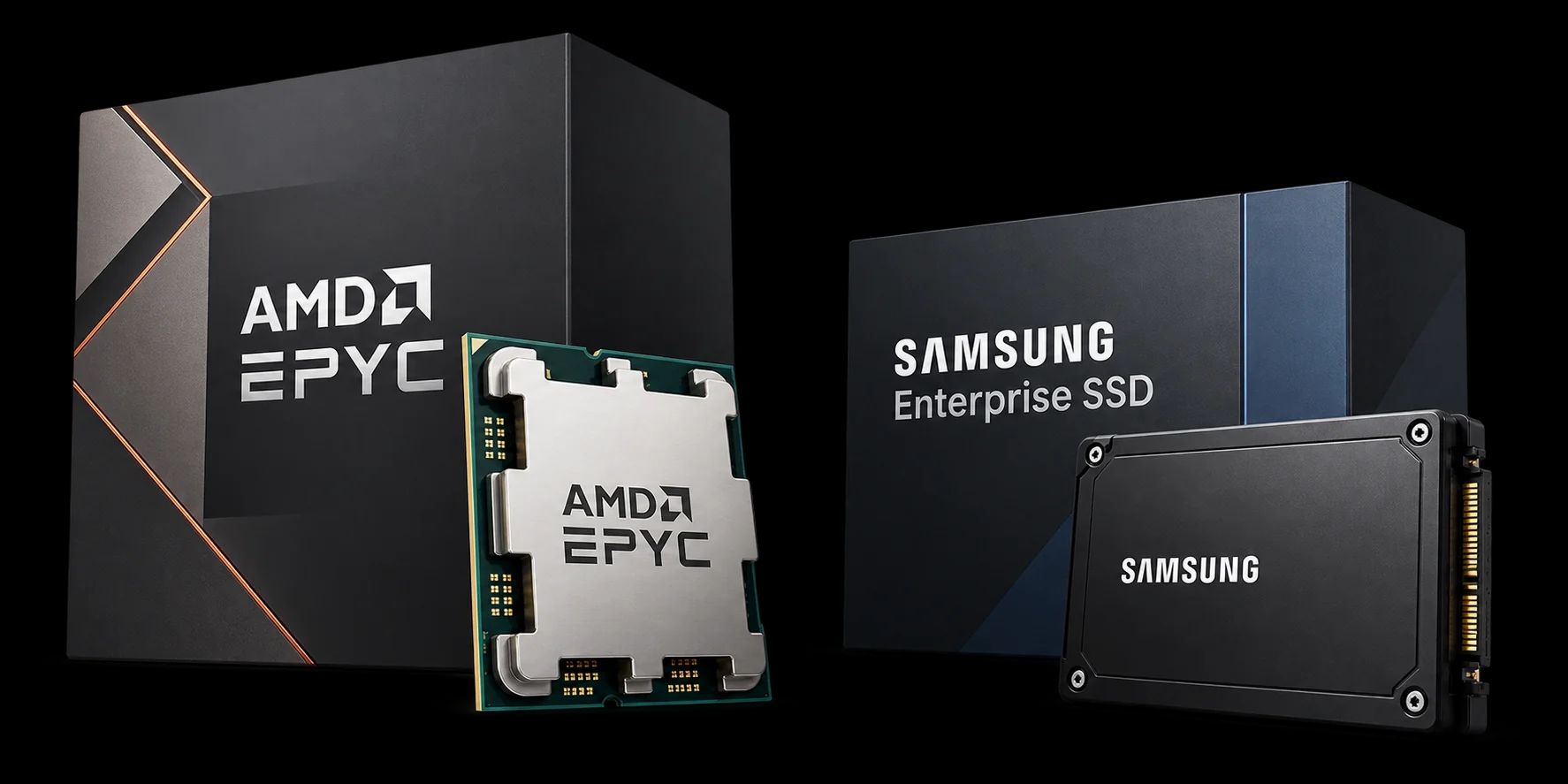 Caixas ilustrativas da AMD EPYC e Samsung NVMe corporativo com seus componentes à frente