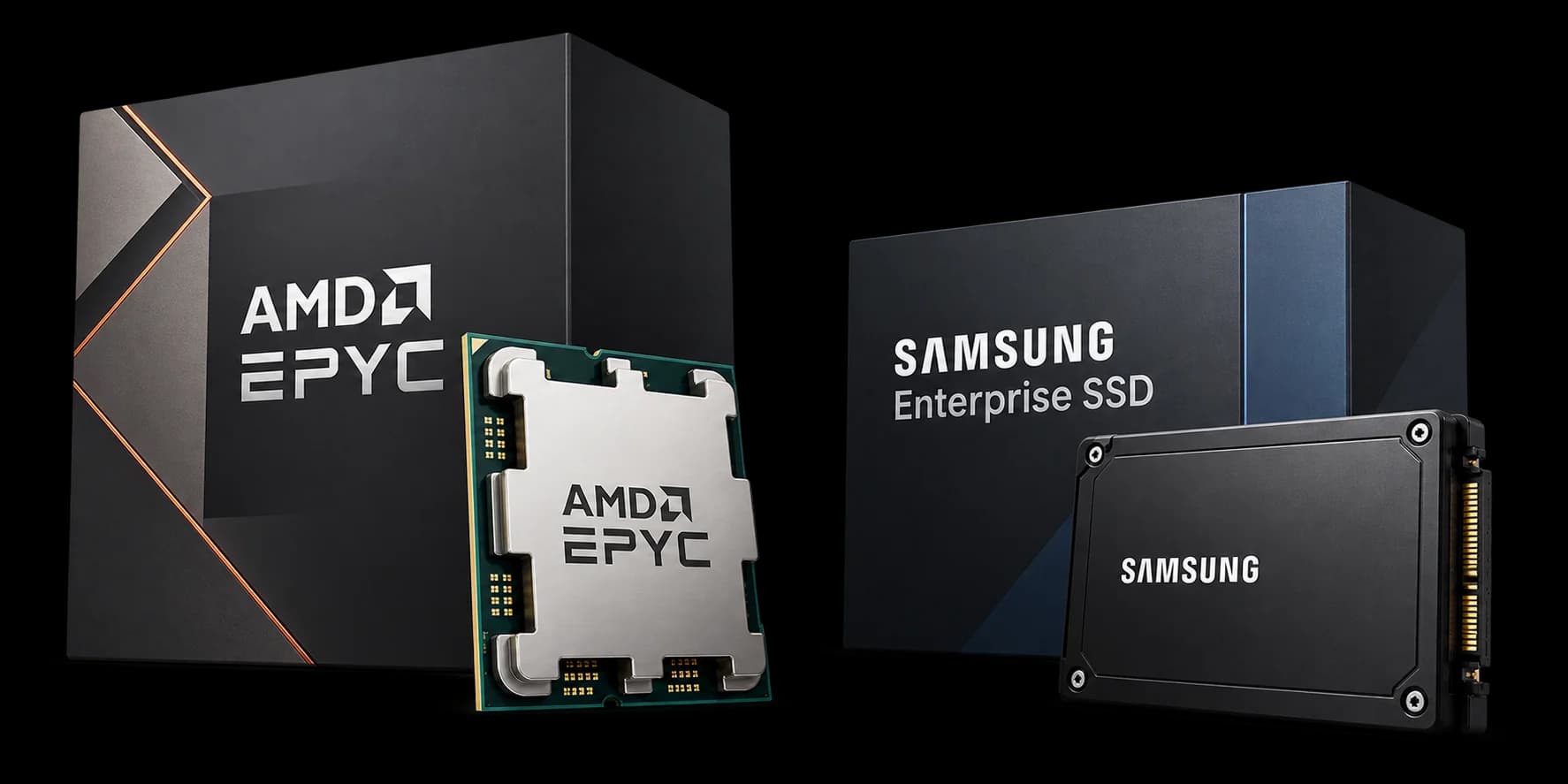 Ilustração de um processador AMD EPYC e um SSD Samsung corporativo ao lado de suas caixas